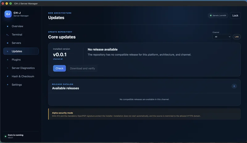 CH-J Server Manager – Updates section: release overview and downloaded package verification.
