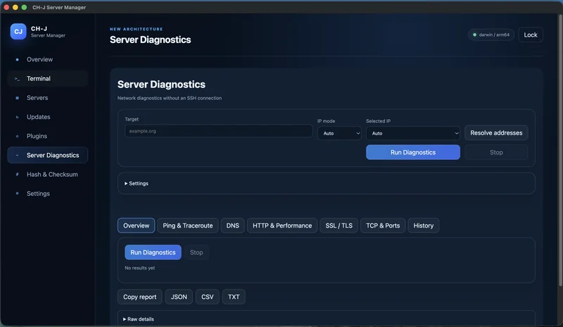 CH-J Server Manager – Actual diagnostics screen measuring a local HTTP test service; this example does not prove HTTP/3 support on a public server.
