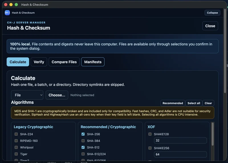 CH-J Server Manager – Hash & Checksum: a local file and the recommended SHA-256, SHA-512 and BLAKE3 algorithms.