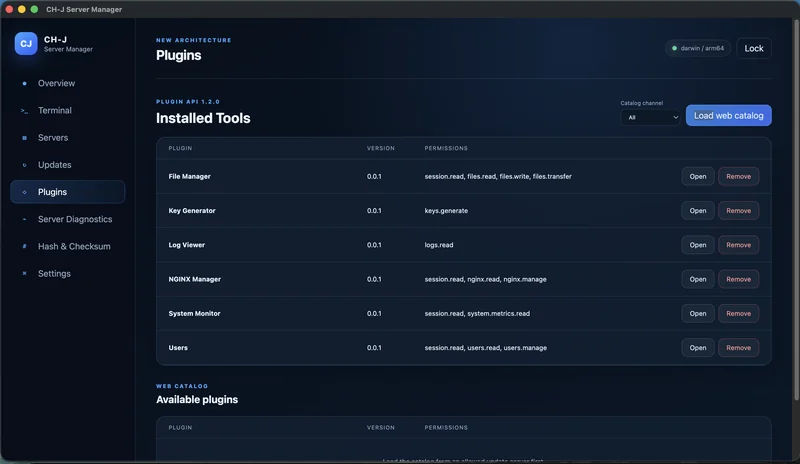 CH-J Server Manager – The Plugins overview provides access to additional tools.