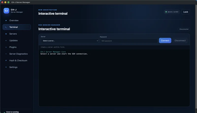 CH-J Server Manager – Terminal before connection: choosing a server profile.